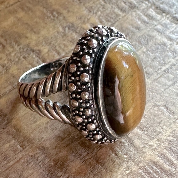 Vintage Tigers Eye Sterling Silver 925 Statement Ring Rope Details Boho Bohemian - Picture 4 of 17